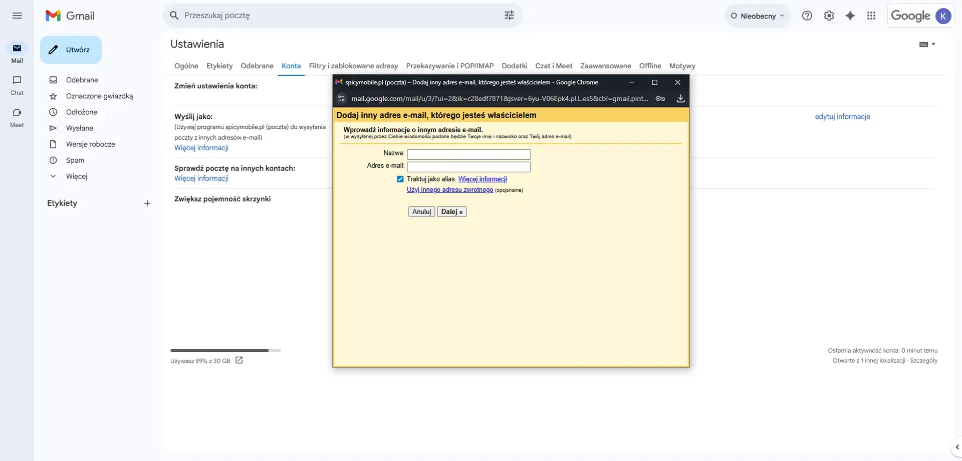 Dodawanie aliasu adresu e-mail w Gmail - Krok 3